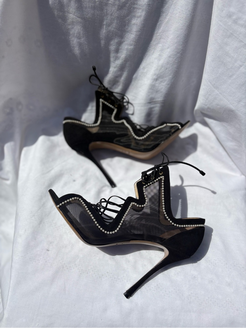Nicholas Kirkwood Black Lace-Up Pearl Trim Stiletto Heels